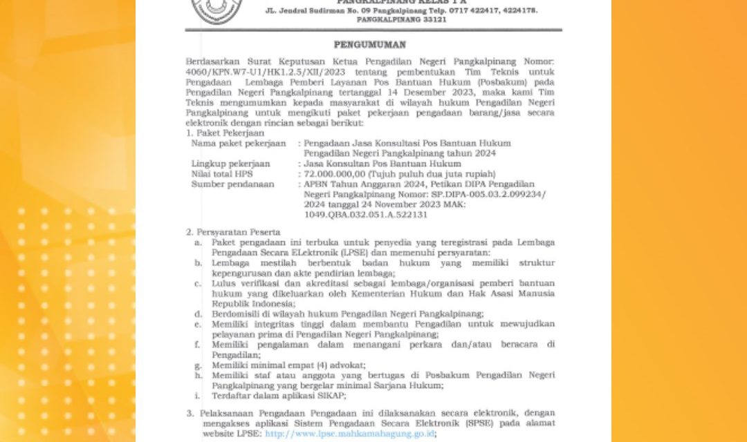 Pengadaan Jasa Pos Bantuan Hukum Pada Pengadilan Negeri Pangkalpinang Tahun Anggaran 2024